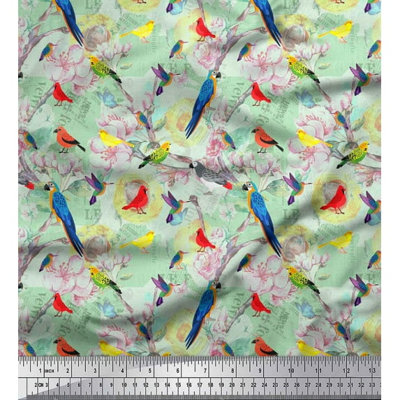 Soimoi Green Cotton Duck Fabric Floral,Parrot & Hummingbird Bird Decor Fabric Printed BTY 42 Inch Wide