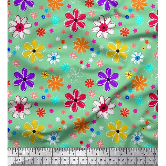 Soimoi Green Cotton Duck Fabric Flower Artistic Print Fabric by the Yard 42 Inch Wide