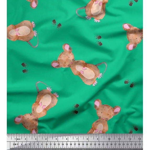 Soimoi Green Cotton Duck Fabric Footprints & Mouse Kids Print Fabric by the Yard 44 Inch Wide
