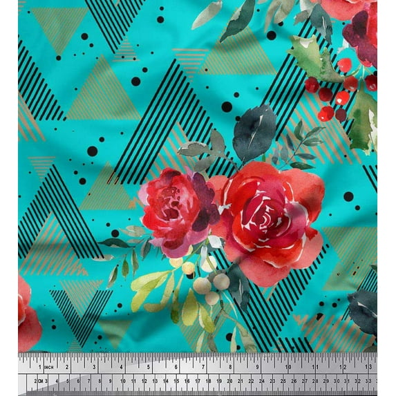 Soimoi Green Cotton Duck Fabric Geometric,Leaves & Begonia Floral Print Sewing Fabric Yard 42 Inch Wide