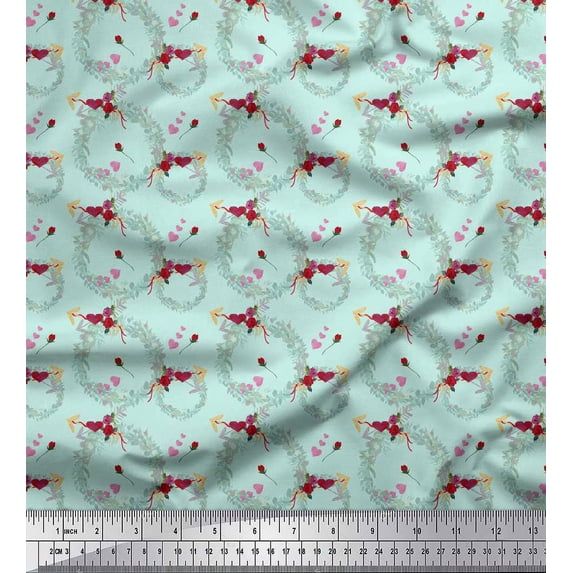 Soimoi Green Cotton Duck Fabric Heart & Wreath Floral Printed Craft Fabric by the Yard 42 Inch Wide