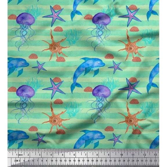 Soimoi Green Cotton Duck Fabric Jelly & Starfish Ocean Print Fabric by Yard 44 Inch Wide