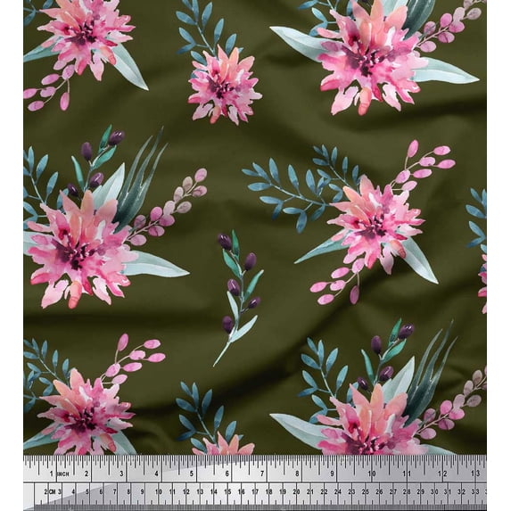 Soimoi Green Cotton Duck Fabric Leaves & Chrysanthemum Floral Print Fabric by the Yard 56 Inch Wide