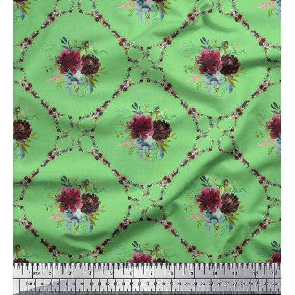 Soimoi Green Cotton Duck Fabric Leaves,Floral & Diamond Geometric Printed Fabric 1 Yard 44 Inch Wide