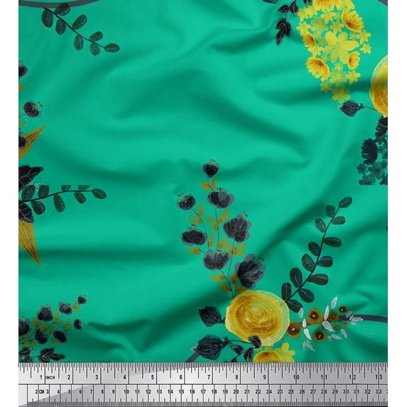 Soimoi Green Cotton Duck Fabric Leaves & Floral Print Sewing Fabric BTY 42 Inch Wide