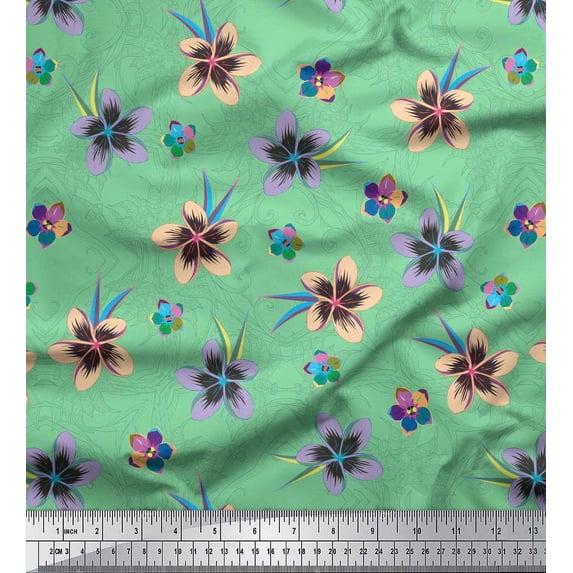 Soimoi Green Cotton Duck Fabric Leaves & Flower Floral Print Fabric by the Yard 42 Inch Wide