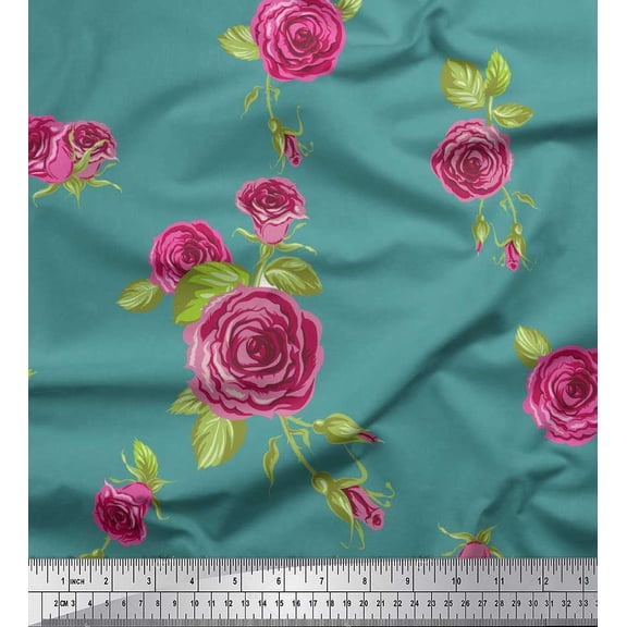 Soimoi Green Cotton Duck Fabric Leaves & Pink Rose Flower Decor Fabric Printed BTY 42 Inch Wide