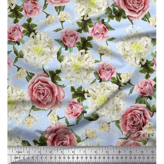 Soimoi Green Cotton Duck Fabric Leaves,White Floral & Rose Flower Printed Craft Fabric by The Yard 42 Inch Wide