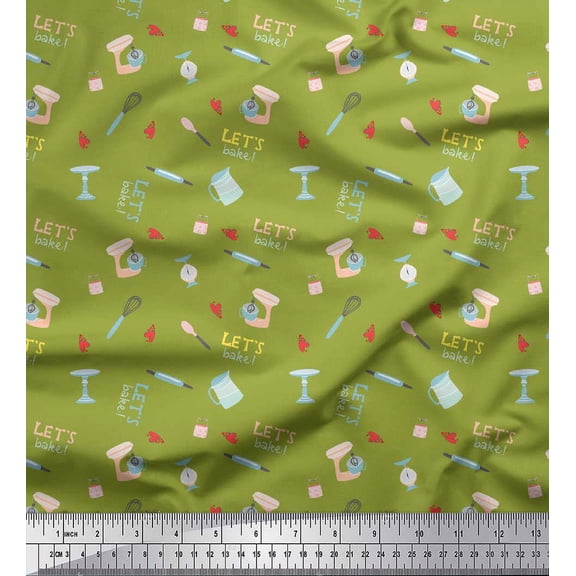 Soimoi Green Cotton Duck Fabric Lets Bake Kitchen Print Fabric by the Yard 42 Inch Wide