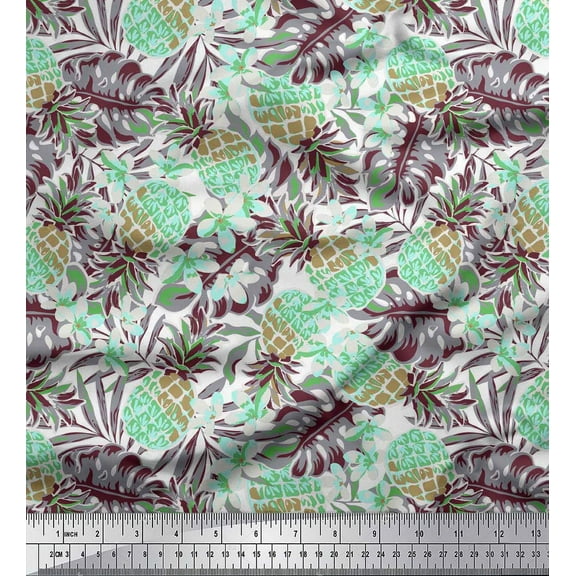 Soimoi Green Cotton Duck Fabric Monstera Leaf & Pine Fruits Decor Fabric Printed Yard 42 Inch Wide