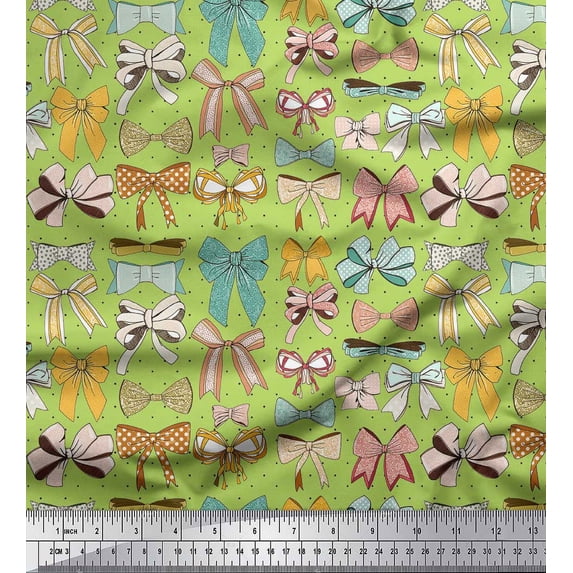 Soimoi Green Cotton Duck Fabric Multi Bow & Dots Decor Fabric Printed Yard 42 Inch Wide
