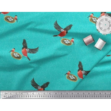 Soimoi Green Cotton Duck Fabric Nest & Bullfinch Bird Print Fabric by Yard 42 Inch Wide