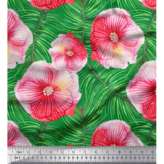 Soimoi Green Cotton Duck Fabric Palm Leaves & Periwinkle Floral Printed Fabric 1 Yard 42 Inch Wide