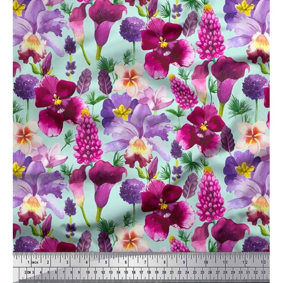 Soimoi Green Cotton Duck Fabric Pink & Purple Floral Watercolor Print Fabric by The Yard 42 Inch Wide