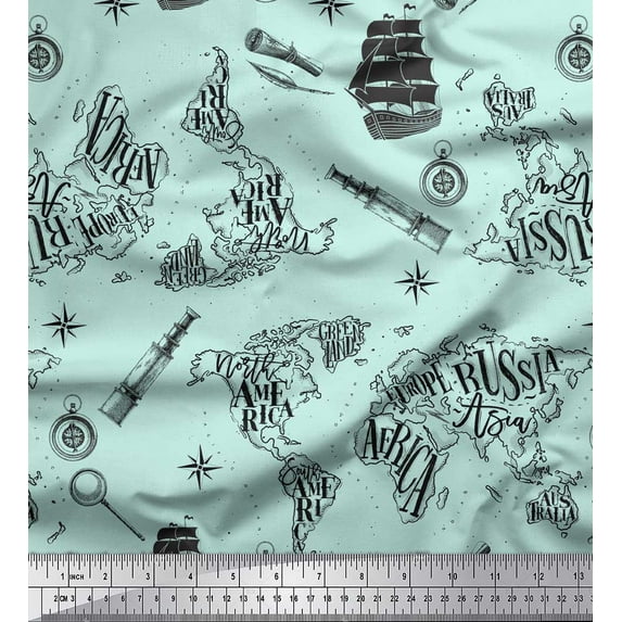 Soimoi Green Cotton Duck Fabric Pirate Ship & Telescope Map Printed Fabric 1 Yard 56 Inch Wide