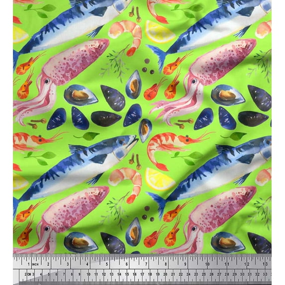 Soimoi Green Cotton Duck Fabric Prawns,Shell & Jellyfish Ocean Printed Fabric 1 Yard 56 Inch Wide