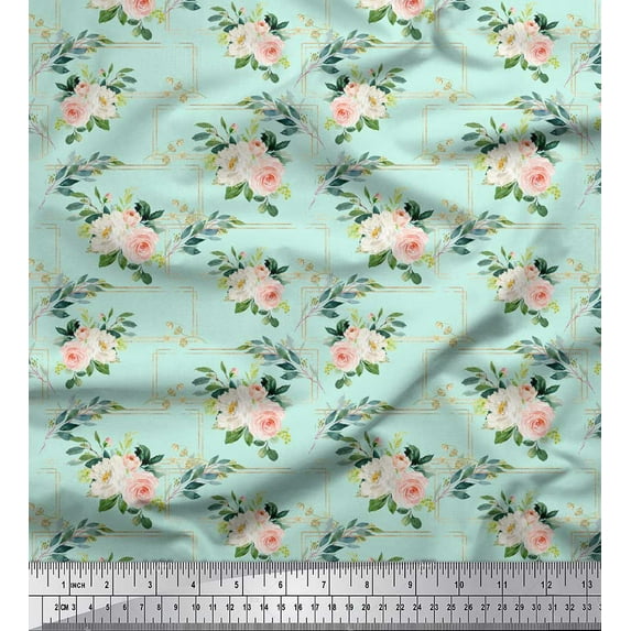 Soimoi Green Cotton Duck Fabric Ranunculus & Roses Floral Printed Craft Fabric by the Yard 42 Inch Wide