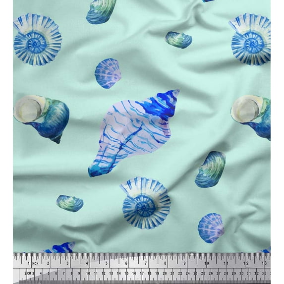 Soimoi Green Cotton Duck Fabric Shells Ocean Print Fabric by Yard 42 Inch Wide