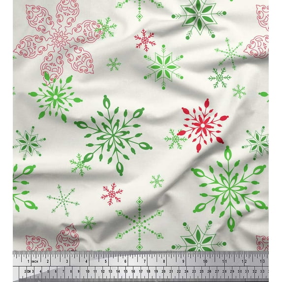 Soimoi Green Cotton Duck Fabric Snow Flakes Floral Printed Craft Fabric by the Yard 42 Inch Wide