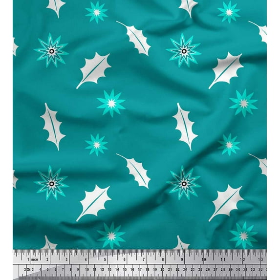 Soimoi Green Cotton Duck Fabric Star & Holly Leaves Print Sewing Fabric Yard 42 Inch Wide