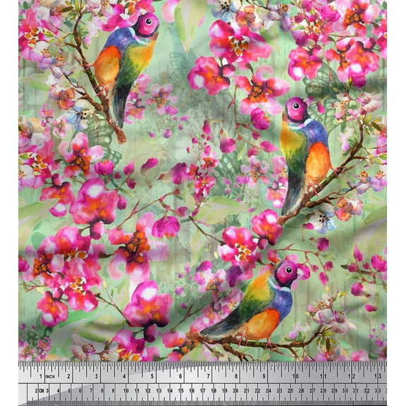Soimoi Green Cotton Duck Fabric Stripe,Floral & American Robin Bird Print Fabric by Yard 42 Inch Wide