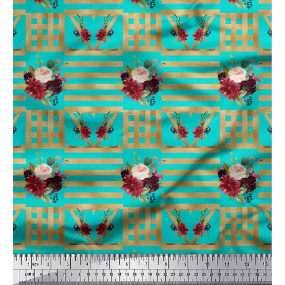 Soimoi Green Cotton Duck Fabric Stripes & Baccara Rose Floral Print Printed Craft Fabric By the Yard 44 Inch Wide