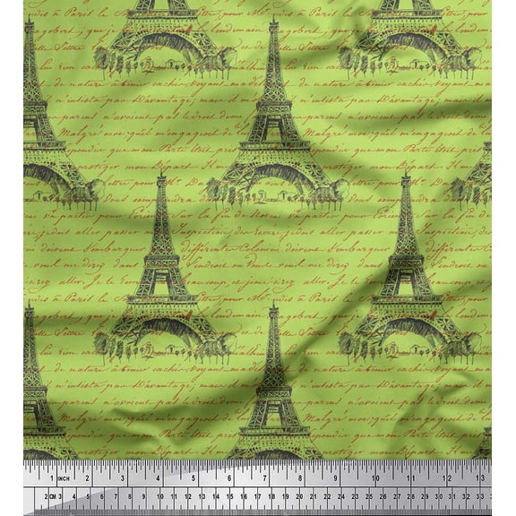 Soimoi Green Cotton Duck Fabric Text & Eiffel Tower Architectural Printed Craft Fabric by the Yard 42 Inch Wide
