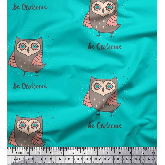 Soimoi Green Cotton Duck Fabric Text & Owl Bird Decor Fabric Printed Yard 42 Inch Wide