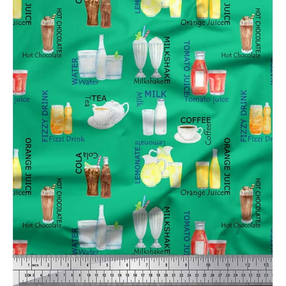 Soimoi Green Cotton Duck Fabric Text & Soft Drinks Party Print Sewing Fabric Yard 42 Inch Wide
