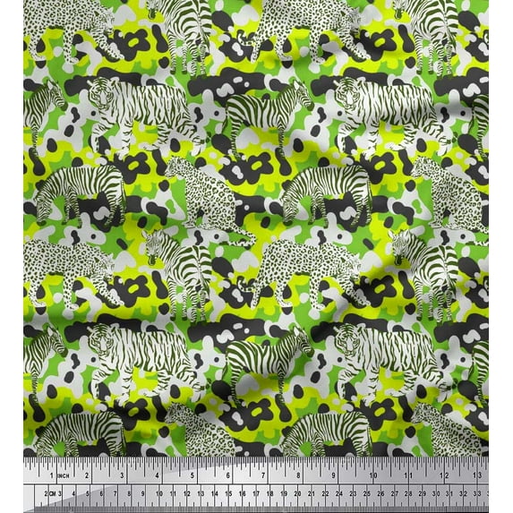 Soimoi Green Cotton Duck Fabric Tiger,Leopard & Wild Animal Printed Craft Fabric by The Yard 42 Inch Wide