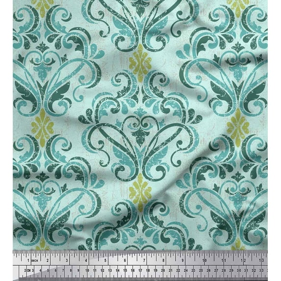 Soimoi Green Cotton Duck Fabric Vector Design Damask Printed Craft Fabric by the Yard 44 Inch Wide
