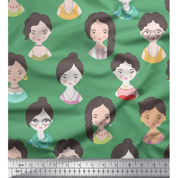 Soimoi Green Cotton Duck Fabric Women Face Human Figure Print Fabric by the Yard 42 Inch Wide