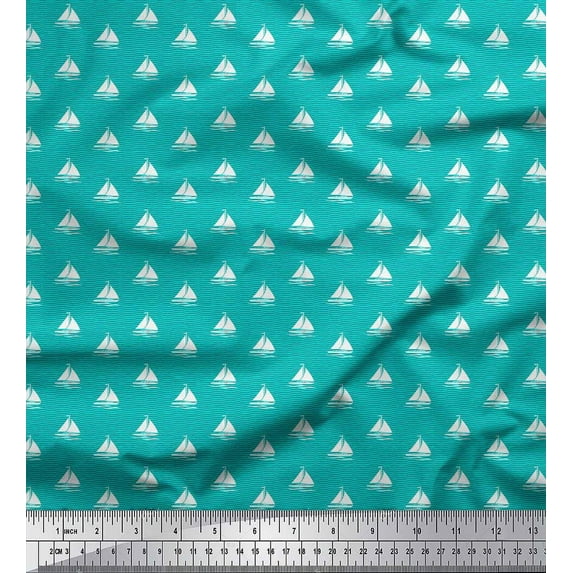 Soimoi Green Cotton Duck Fabric Yacht & Waves Nautical Print Sewing Fabric Yard 44 Inch Wide