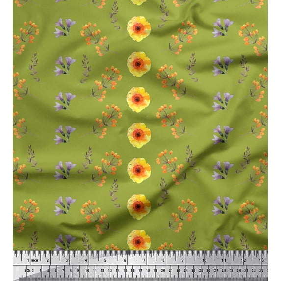 Soimoi Green Cotton Duck Fabric laurel leaf & Floral Print Sewing Fabric Yard 42 Inch Wide