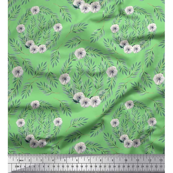 Soimoi Green Cotton Jersey Fabric Anemone & Leaves Fabric Prints By Yard 64 Inch Wide
