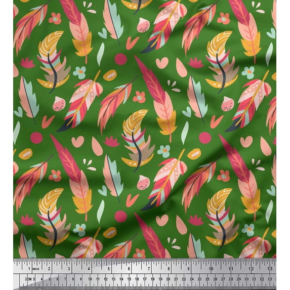 Soimoi Green Cotton Jersey Fabric Artistic Feather Printed Fabric 1 Yard 58 Inch Wide