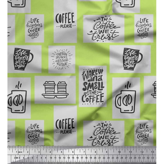 Soimoi Green Cotton Jersey Fabric Coffee Please Text Print Fabric by the Yard 58 Inch Wide