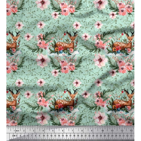 Soimoi Green Cotton Jersey Fabric Deer & Magnolia Floral Print Fabric by the Yard 64 Inch Wide
