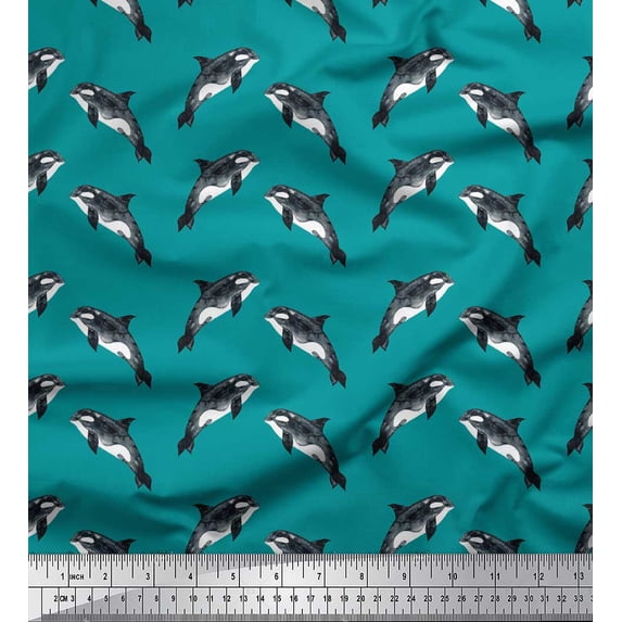 Soimoi Green Cotton Jersey Fabric Dolphin Ocean Print Fabric by Yard 64 Inch Wide