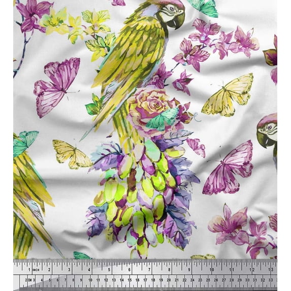 Soimoi Green Cotton Jersey Fabric Floral,Insect & Parrot Bird Print Fabric by The Yard 58 Inch Wide