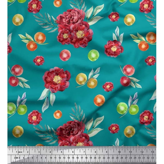 Soimoi Green Cotton Jersey Fabric Fruits & Peony Floral Printed Craft Fabric 1 Yard 64 Inch Wide
