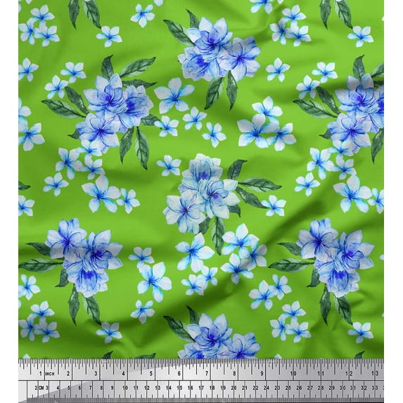 Soimoi Green Cotton Jersey Fabric Leaves & Periwinkle Floral Printed Fabric 1 Yard 58 Inch Wide