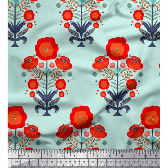 Soimoi Green Cotton Jersey Fabric Leaves & Poppy Floral Fabric Prints By Yard 58 Inch Wide