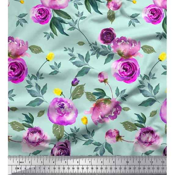 Soimoi Green Cotton Jersey Fabric Leaves & Ranunculus Floral Printed Craft Fabric by the Yard 58 Inch Wide