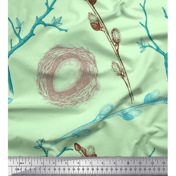 Soimoi Green Cotton Jersey Fabric Nest,Egg & Floral Print Sewing Fabric BTY 58 Inch Wide