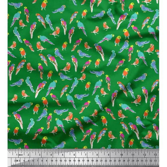 Soimoi Green Cotton Jersey Fabric Parrots Watercolor Print Fabric by the Yard 64 Inch Wide