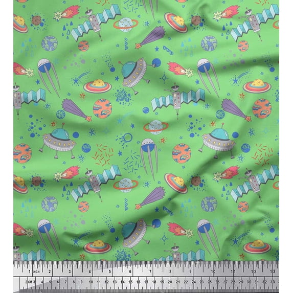 Soimoi Green Cotton Jersey Fabric Satellite & Planet Galaxy Print Fabric by Yard 58 Inch Wide