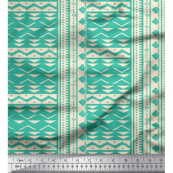 Soimoi Green Cotton Jersey Fabric Square & Triangle Geometric Printed Craft Fabric by the Yard 64 Inch Wide