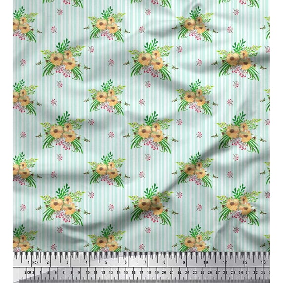 Soimoi Green Cotton Jersey Fabric Stripe & Anemone Floral Print Fabric by the Yard 58 Inch Wide