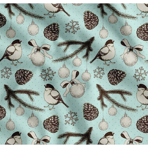 Soimoi Green Cotton Poplin Fabric American Robin & Baubles Christmas Fabric Prints by Yard 56 Inch Wide